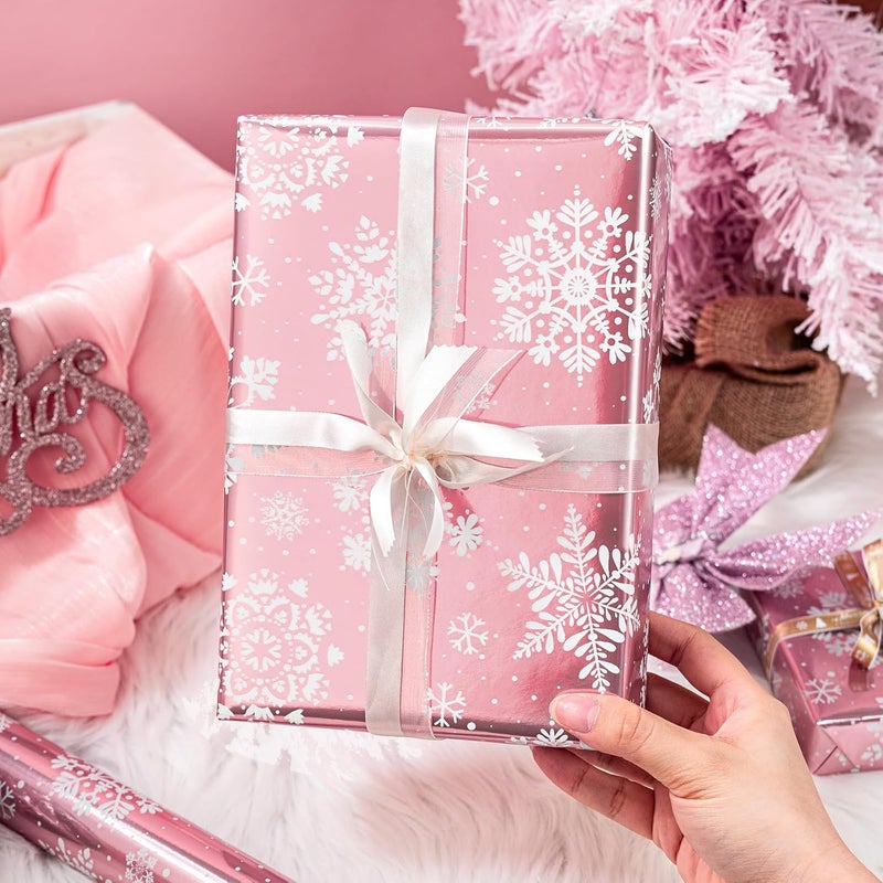 Retrify Snowflake Christmas Wrapping Paper - 17 Inch x 32.8 Feet Mini Roll - Candy Cane Foil Pink Gift Wrap Paper for Holiday Shower Party Celebration - Image 3